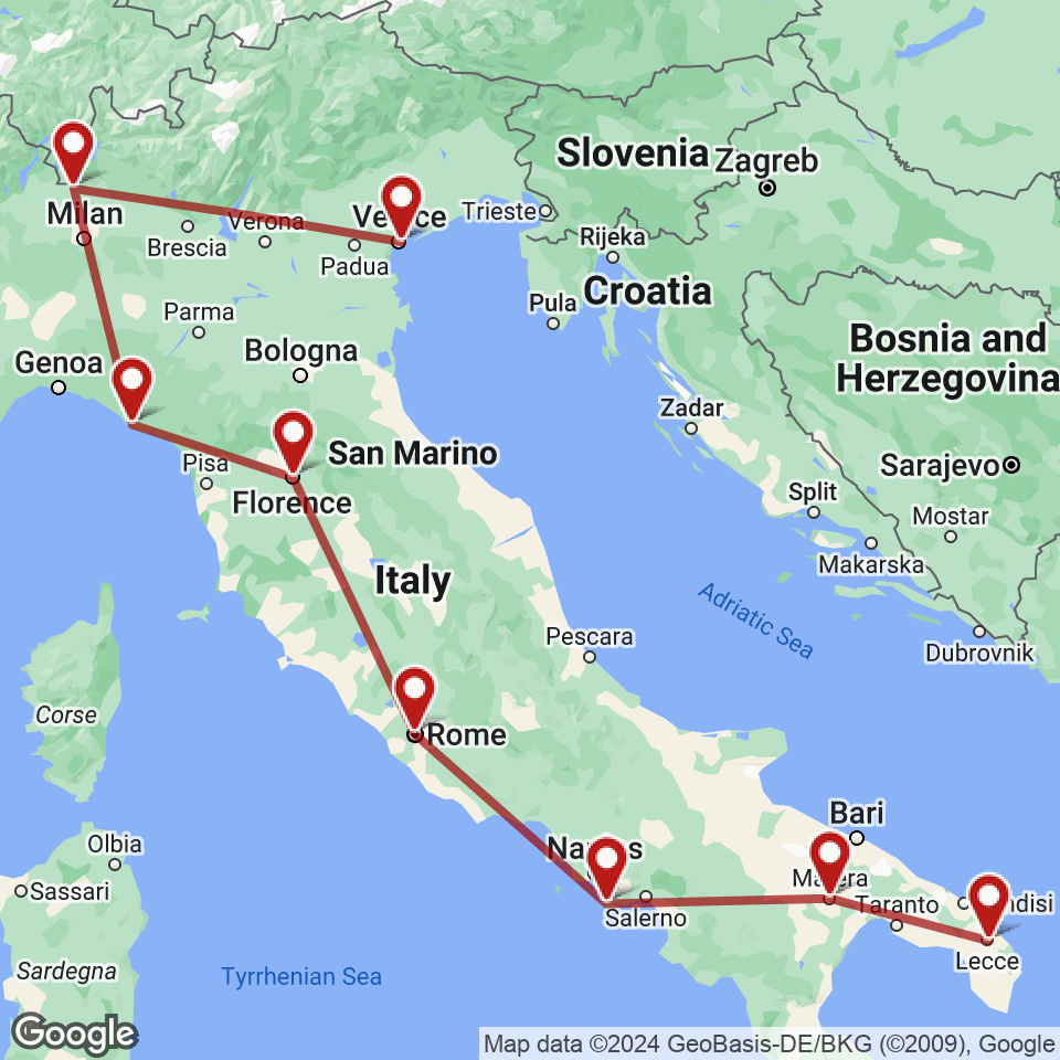 Route for Venice, Como, Monterosso Al Mare, Florence, Rome, Sorrento, Matera, Lecce tour